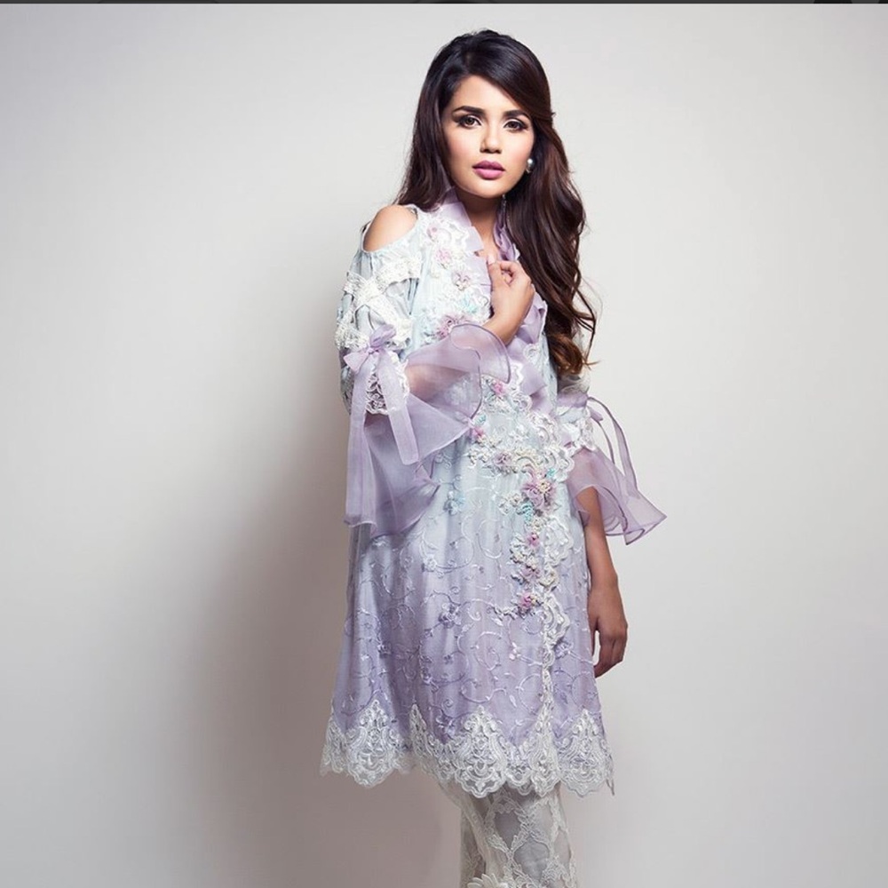 Lilac Embroidered Cold-Shoulder Long Sleeve Dress